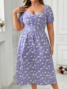 Flirla Plus Size Romantic Floral Split Dress - Purple - View 4