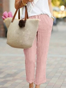 Vacation Casual Solid Color Tapered Pants - Pink - View 5