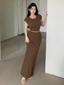 DAZY Conjunto de top corto y falda de verano elegante con textura de moda para mujer, conjunto de dos piezas para mujer