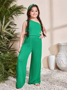 SHEIN 少女適用加大尺碼寬鬆休閒純色簡約不對稱領口背心和長褲套裝