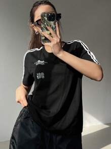 DAZY Motorcycle Style Printed Short Sleeve T-Shirt With Color Block Stripes Decoration,Fall Clothes - Black - View 3