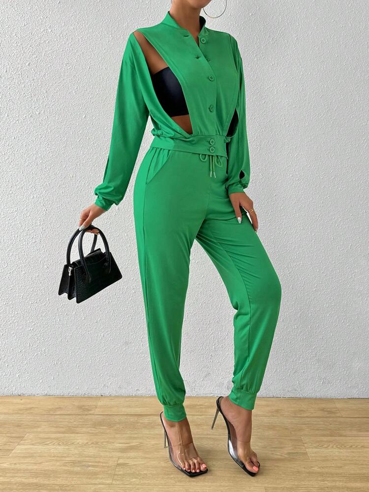Women Spring And Autumn Front-Button Hollow Out Long Sleeve Jacket And Cuffed Long Pants Set Fall Cloth For Women