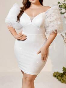 SHEIN Belle Plus Size Sparkling Fabric Short Elegant Cocktail Dress With Oversized 3D Flower Design - White - View 3