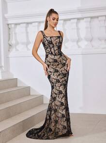 SHEIN Belle 优雅、性感、华丽迷人、时尚流行女式经典黑色蕾丝肤色衬里、宽肩带、方领、帝国腰线、鱼骨条、装饰腰带、胸垫、聚拢防走光、高腰、紧身遮臀、弧形鱼尾下摆、超长拖尾正式舞会晚礼服 - 黑色 - 查看 6