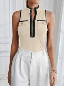 SHEIN Privé Women Sleeveless Tank Top With Color-Block Design, Zipper And Edging - Apricot - View 1