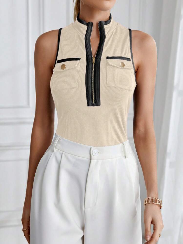 Women Sleeveless Tank Top With Color-Block Design, Zipper And Edging