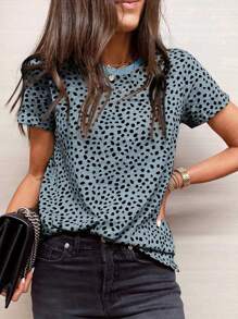 Women's Casual Versatile All-Over Print Round Neck Short Sleeve T-Shirt - Dusty Blue - View 3