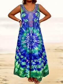 EMERY ROSE Plus Size Women Summer Tie-Dye Round Neck Long Casual Tank Dress - Blue - View 2