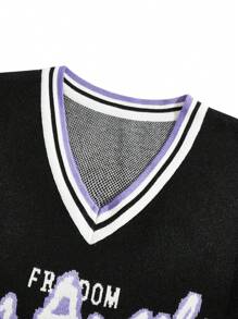 ROMWE MEN Prep Men Summer Letter Striped V Neck Short Sleeve Loose Knit Top - Black - View 3