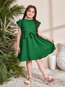 SHEIN Tween Girl Extended Size Casual And Vacation Spring/Summer Solid Color Woven Round Neck Ruffle Trim Sleeveless Dress - Dark Green - View 4