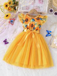 SHEIN Glamorique Kids 年轻女孩度假优雅花卉系腰荷叶边袖连衣裙，适合派对，夏季 - 黃色 - 查看 7