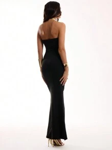 MUSERA Solid Color Bandeau Twist Cut Out Ruched Maxi Holiday Party Dress Elegant Spring Summer Vacation Beach Wedding Guest Graduation Elegant Ibiza Night Out Autumn Winter Date Night Halloween Fall Party Chic - Black - View 2