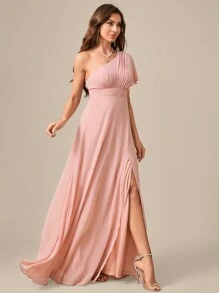 Solid Color Asymmetric Neckline Ruched Waist Tie High Slit Chiffon Oblique Shoulder Bridesmaid Dress - Dusty Pink - View 4