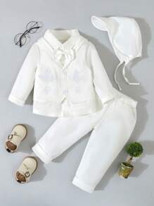 SHEIN 4 件套男婴洗礼套装，包括白色长袖衬衫（带领结）、花卉刺绣背心、裤子和帽子，是送给婚礼花童的礼物 - 白色 - 查看 3