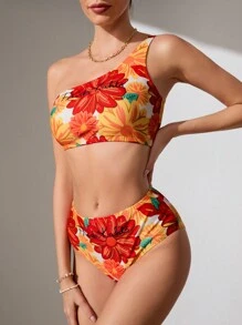 Frida Kahlo X SHEIN Women Knitted Floral One Shoulder Bikini Set, Summer - Multicolor - View 7