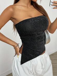 SHEIN EZwear Top de bandeau asimétrico de verano para mujer con dobladillo plisado brillante y abertura lateral, casual
