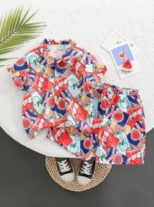 2 cái/bộ Bé trai Giải trí Dễ thương Nước ép In Vòng cổ Ngắn tay Áo sơ mi Và Quần short , Mềm mại & Thoải mái Cho mùa hè - Đỏ - Xem 1