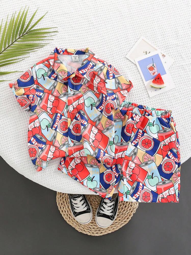 2pcs/Set Toddler Boys' Casual Cute Juice Can Printed Turn-Down Collar Short Sleeve Shirt And Shorts, Soft & Comfortable For Summer
