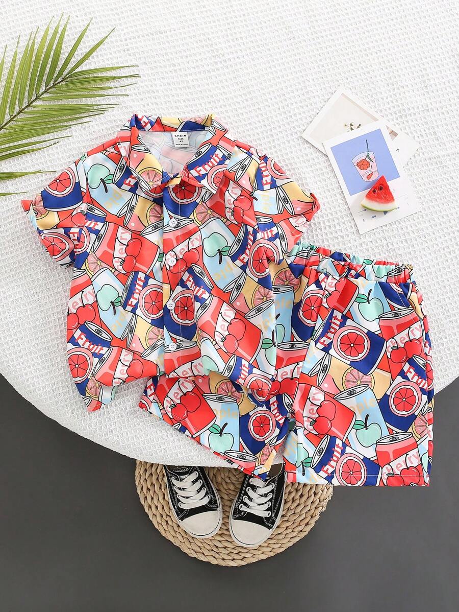 2 cái/bộ Bé trai Giải trí Dễ thương Nước ép In Vòng cổ Ngắn tay Áo sơ mi Và Quần short , Mềm mại & Thoải mái Cho mùa hè - Đỏ - Xem 1