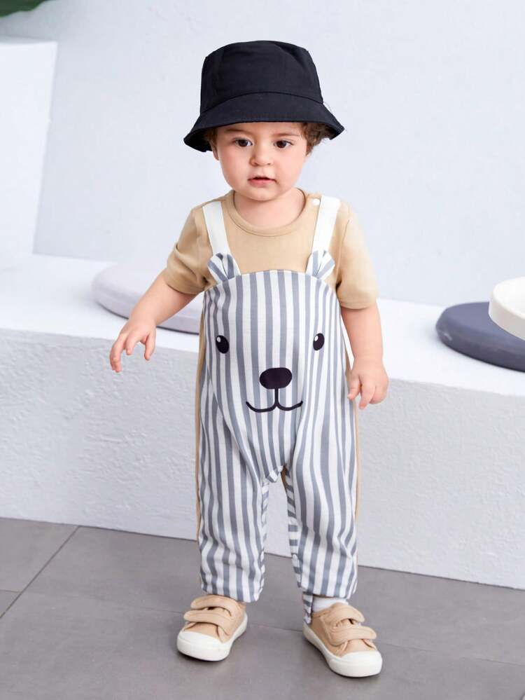 Baby Boy And Baby Girl Casual And Cute Short-Sleeved Jumpsuit With Knit Color Block, Stripe And Cartoon Pattern, Suitable For Summer