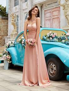 QOQ Sweet Elegant Solid Color Backless Spaghetti Strap Slit Bridesmaid Gown Dresses For Wedding, Evening Party - Baby Pink - View 5