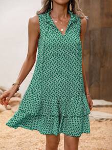 SHEIN Clasi Váy buộc dây không tay dành cho nữ có viền xù cho kỳ nghỉ - màu xanh lá - Xem 3