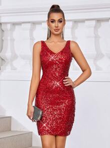 SHEIN Belle Vestido ajustado elegante y sexy para mujer con cuello en V rojo, lentejuelas y tirantes anchos de cintura alta, perfecto para festivales de música, temporada de regreso a clases, temporada de graduación, fiesta de baile, té de la tarde, citas, reuniones y fiestas de cócteles - Rojo - Ver 4