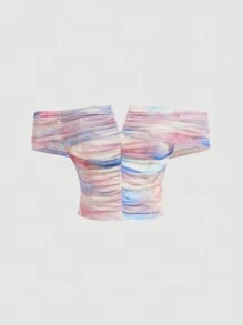 SHEIN MOD Top Corto Sin Hombros Con Pliegues Encogidos, Impresión Tie-dye Multicolor