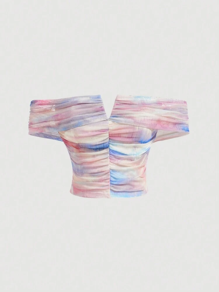 Multicolor Shrink Pleated Tie Dye Printed Off Shoulder Cropped Top