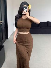 DAZY Conjunto de top corto y falda de verano elegante con textura de moda para mujer, conjunto de dos piezas para mujer