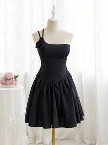 Soleia Women's Casual Holiday One Shoulder Puffy Dress With 3d Floral Decor