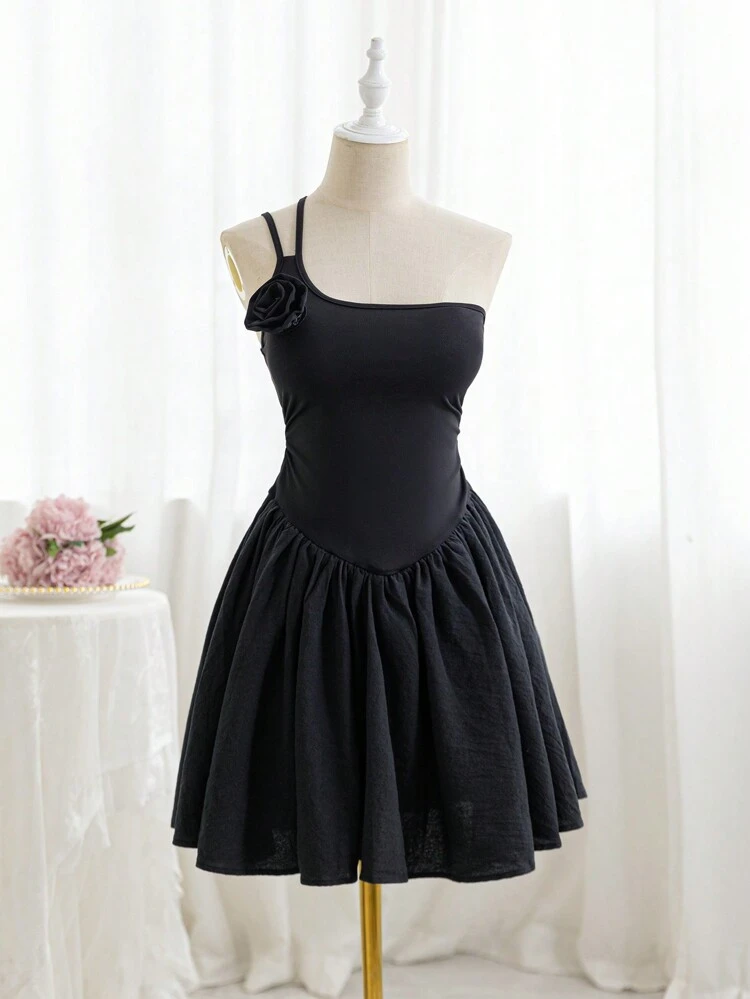 Women's Casual Holiday One Shoulder Puffy Dress With 3d Floral Decor