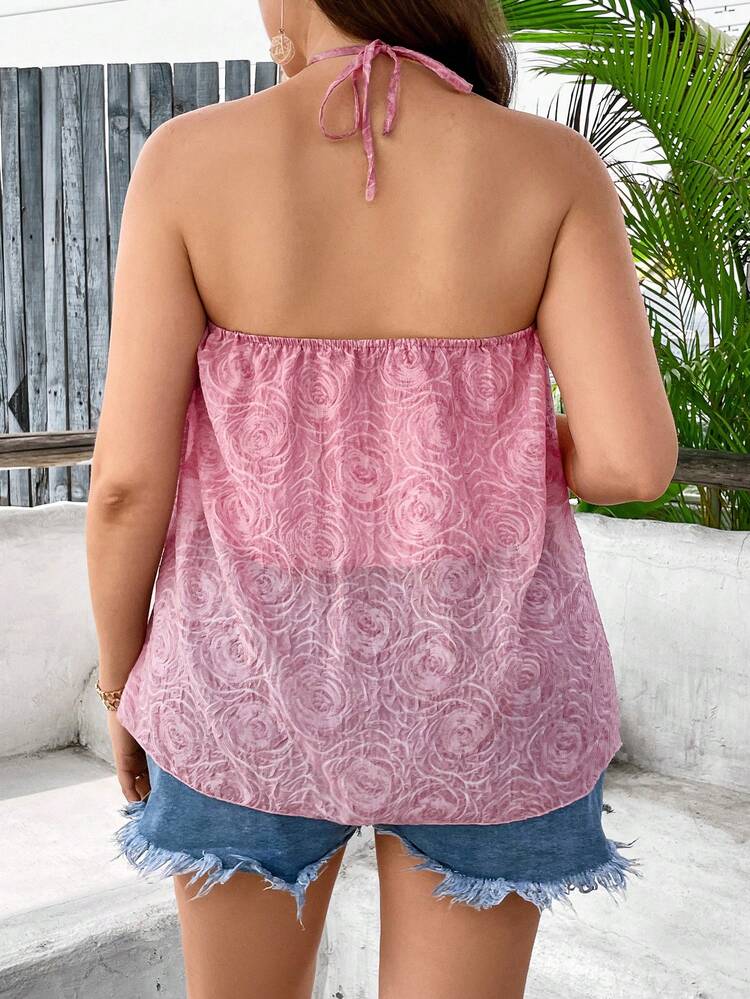 Plus Size Women 3D Flower Decorated Floral Print Halter Neck Vacation Tank Top With Split Hem