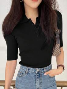 DAZY Parte superior de punto de cuello de polo con mangas cortas y media abertura, de verano, para mujer