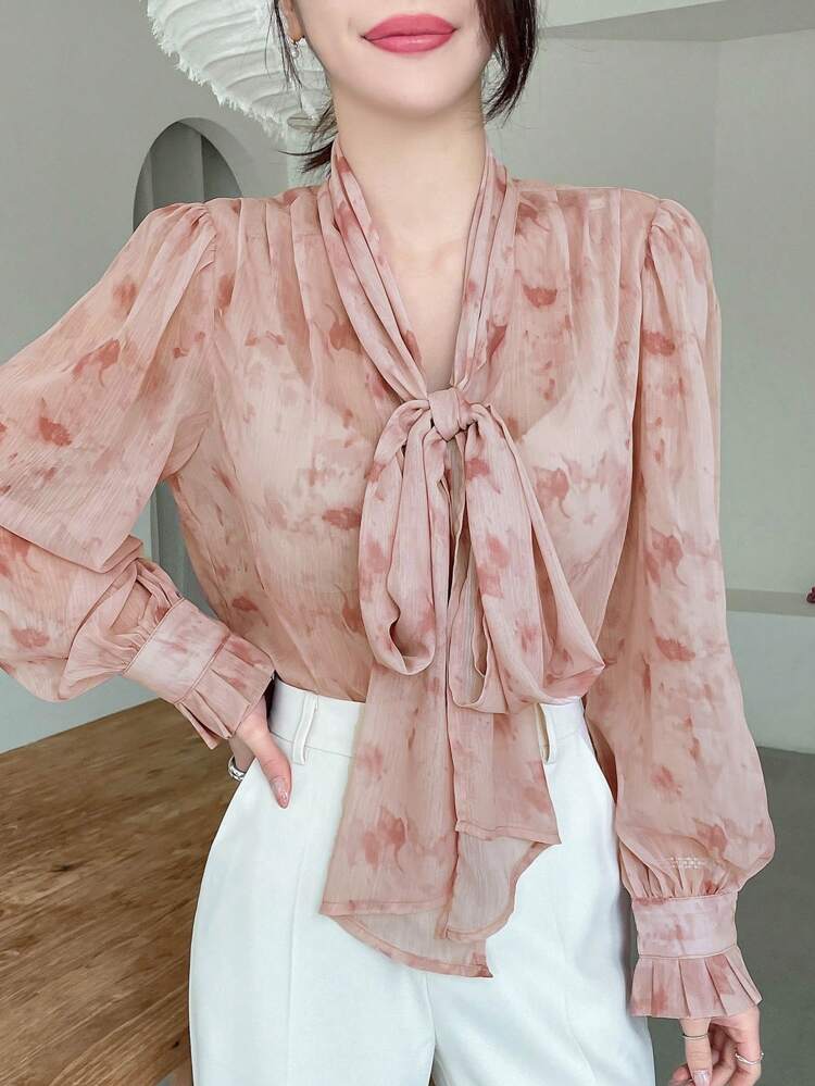 Women Chiffon Printed Shirred Long Sleeve Blouse,Ruffle,Fall Women Clothes Floral