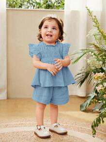 Cozy Pixies Baby Girl Ruffle Trim Peplum Top & Shorts & Bag - Baby Blue - View 6