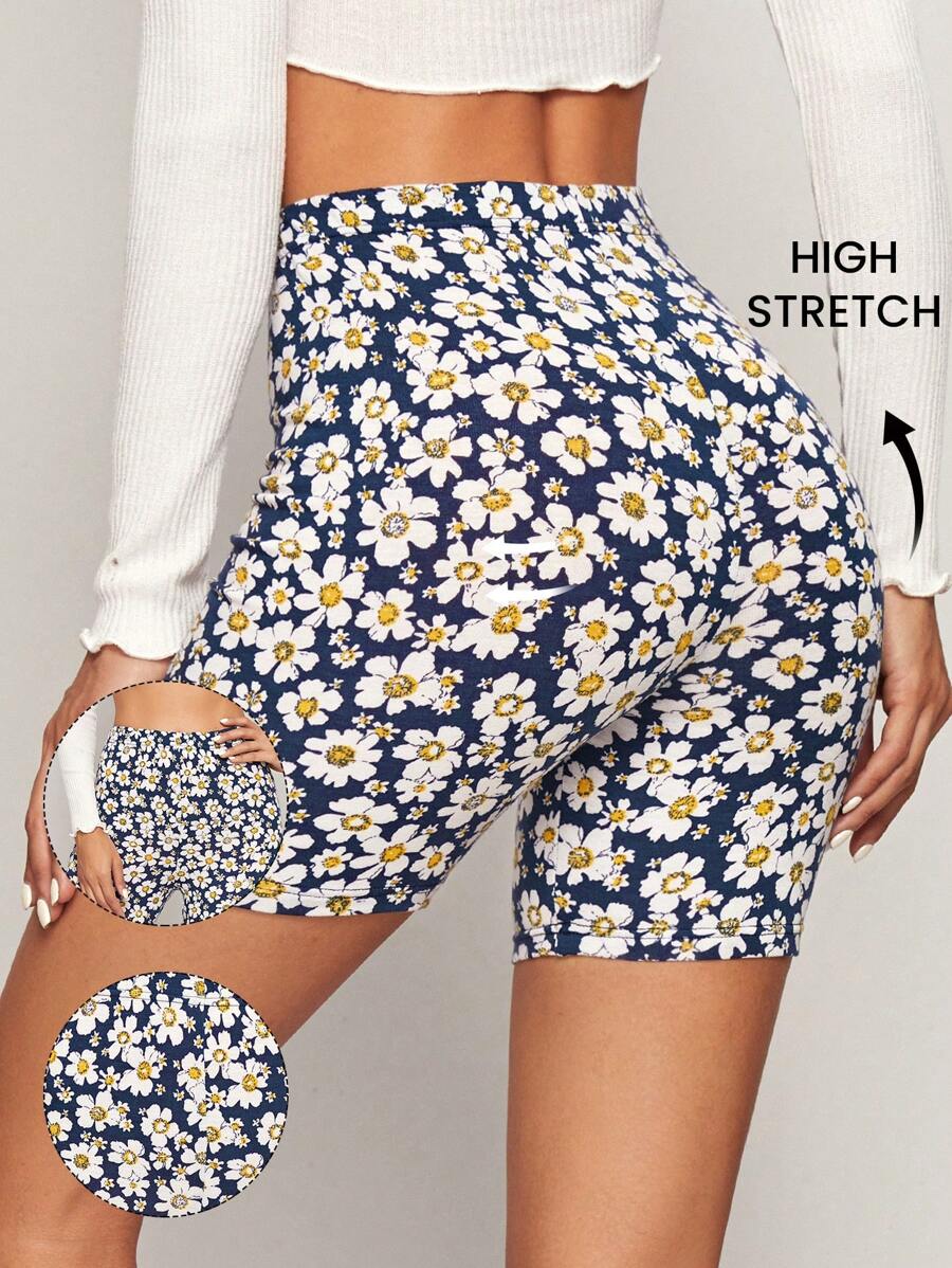 SHEIN LUNE Allover Daisy Print Legging Shorts - Multicolor - View 1