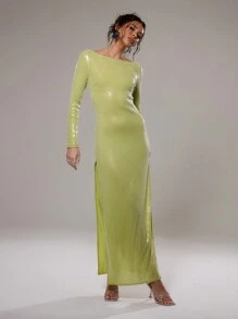 MUSERA Sheer Sequin Long Sleeve Split Side Dress Elegant Spring Summer Vacation Party Festival - Green - View 4