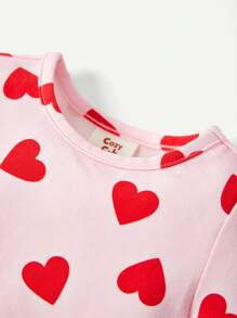 Baby Girl Snug Fit Pajamas, Round Neck, Normal Shoulder, Heart Patterned Top And Long Pants, 4pcs Set