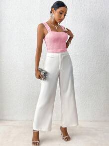 SHEIN BAE Women Summer Casual Solid Texture Knitted Sleeveless Tank Top With Wide Straps