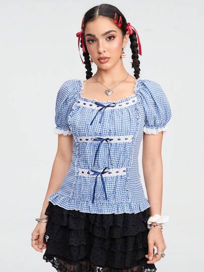 Kawaii Women Casual Plaid Shirt With Bow Decoration, Spring/Summer