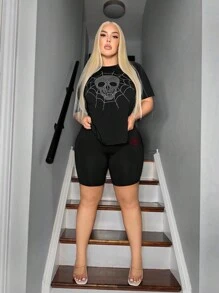 SHEIN SXY Plus Size Sparkling Rhinestone Skull, Spiderweb & Heart Design T-Shirt And Shorts 2-Piece Set For Summer - Black - View 3
