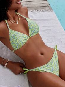 Swim Mod 女性夏季海灘花卉印花頸部束頸比基尼套裝，適用於度假、海灘或游泳池 - 彩色 - 查看 1