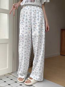 DAZY Dames slaapbroekje met schattig konijntje en kleine bloemprint