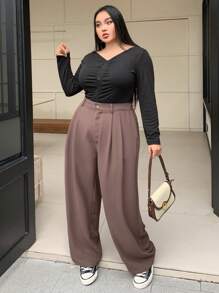 Dazy Plus Calças largas e retas plus size, elegantes, com ajuste solto, para mulheres plus size, calças de professora, outono - Castanho - Ver 5