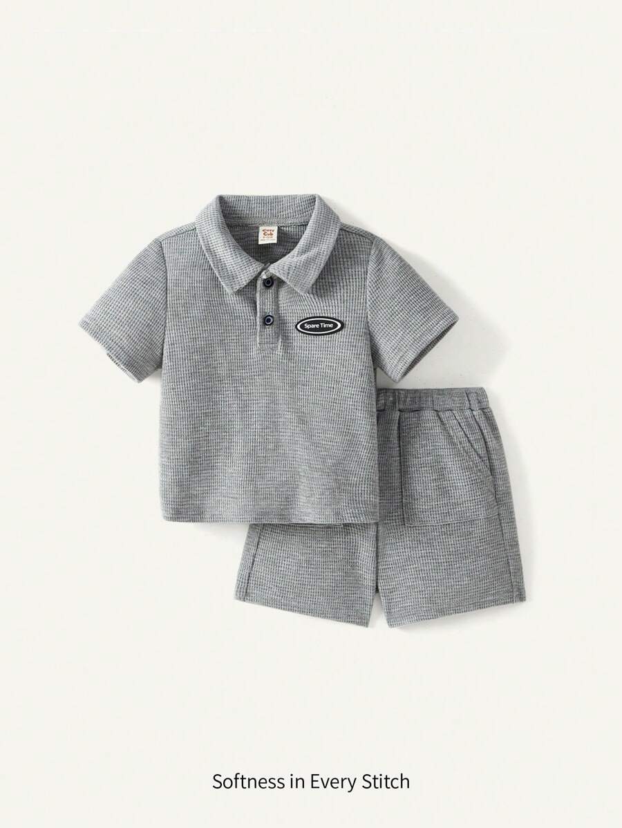 Cozy Pixies Baby Jungen Dekorative Geknöpfte Kragen Halb-Knopf Kurzarm Top und Shorts Set Einfarbig als passendes Set