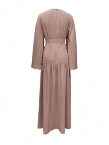 Áo Abaya dài cổ tròn tay chuông màu trơn viền bèo nhún cho nữ, kín đáo - Hồng - Xem 2