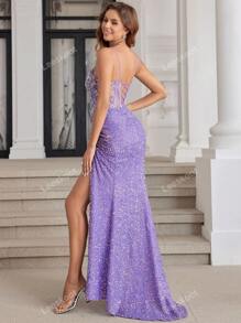 Lilac Sparkly Lace Mermaid Formal Evening Dress With High Slit Luxury Sequin Prom Party Gown Woman Formal Ball Gown Elegant Wedding Guest Dress, For Graduation, Dinner