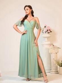 SHEIN Belle Elegant Sage Green Spring Wedding Bridesmaid Dress,Jacquard Sweetheart Neckline Ruffle Sleeves High Side Slit Double Shoulder Straps Music Festival - Green - View 2