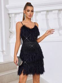 SHEIN Belle Elegant, Gorgeous, Sexy, Exquisite And Charming, Fashionable And Popular Women's Classic Black Sequin Stitching Layered Feather Tassels Decorated Spaghetti Straps V Tie Breast Pads Gathered Anti-Exposure High Waist Tight Hip-Hugging Curve Mini Dress, Suitable For Music Festivals, Graduation Ceremonies, Proms, Date Parties, Cocktails Meeting.